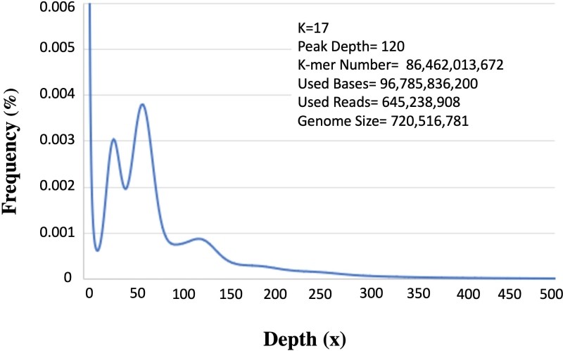 Figure 1. K-mer analysis for genome size prediction of Acacia pachyceras. (Habibi, N., et al, 2023)